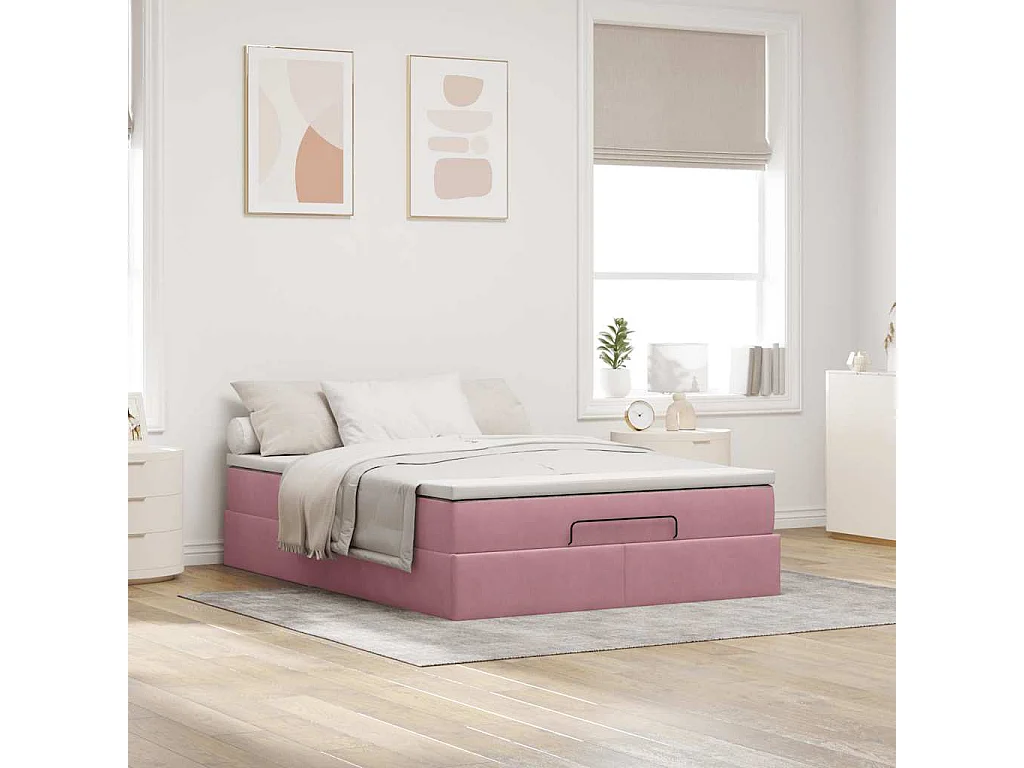 Cadre de lit ottoman avec matelas rose 140x190 cm velours
