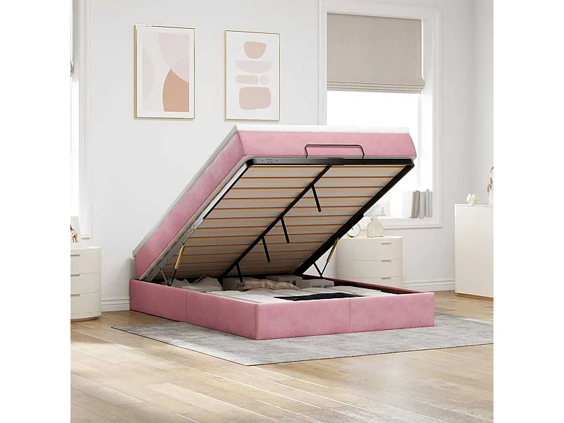 Cadre de lit ottoman avec matelas rose 140x190 cm velours