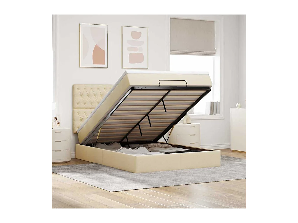 Cadre de lit ottoman avec matelas crème 140x190 cm tissu