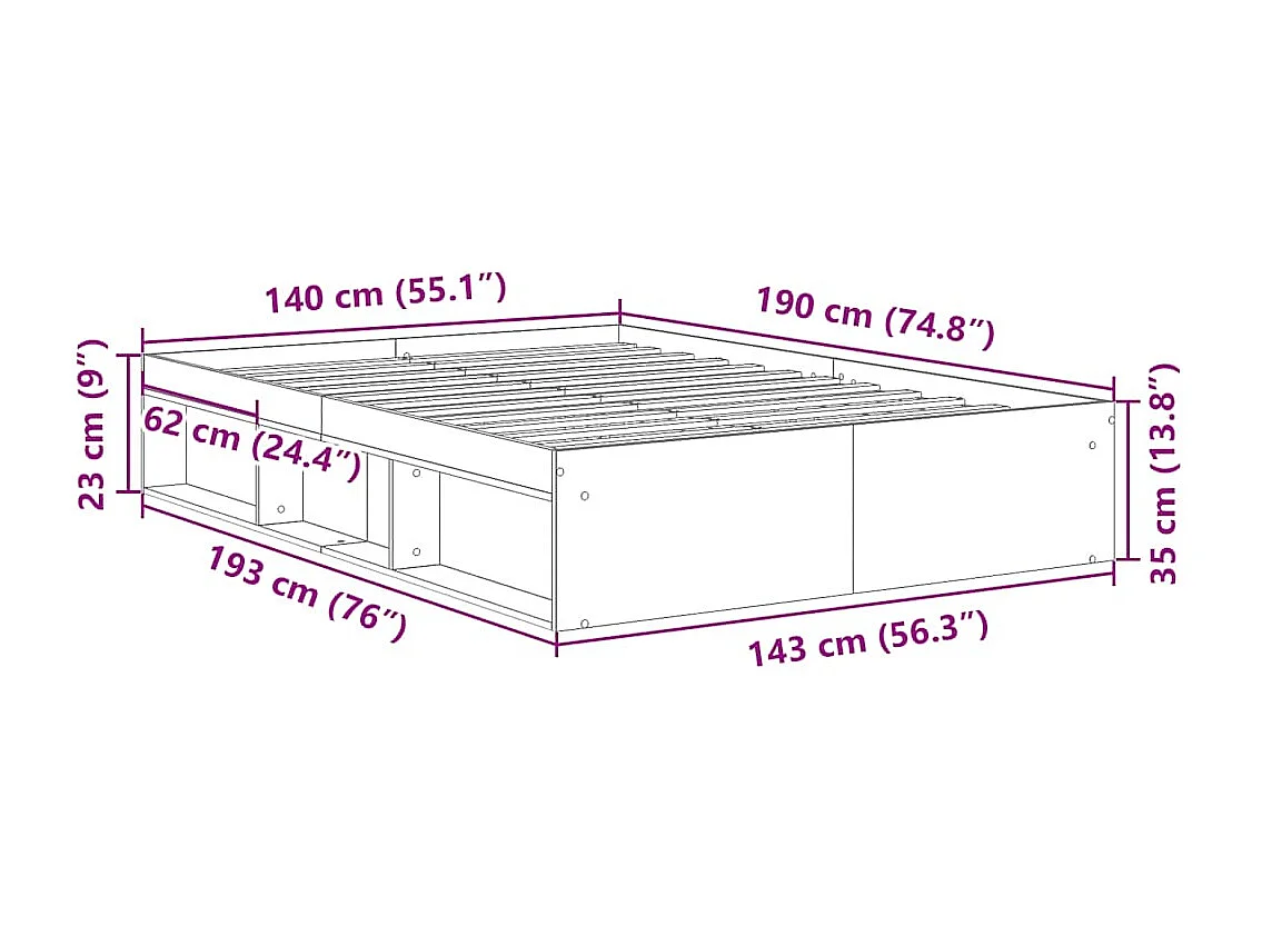 Cadre de lit sans matelas vieux bois 140x190 cm bois ingénierie