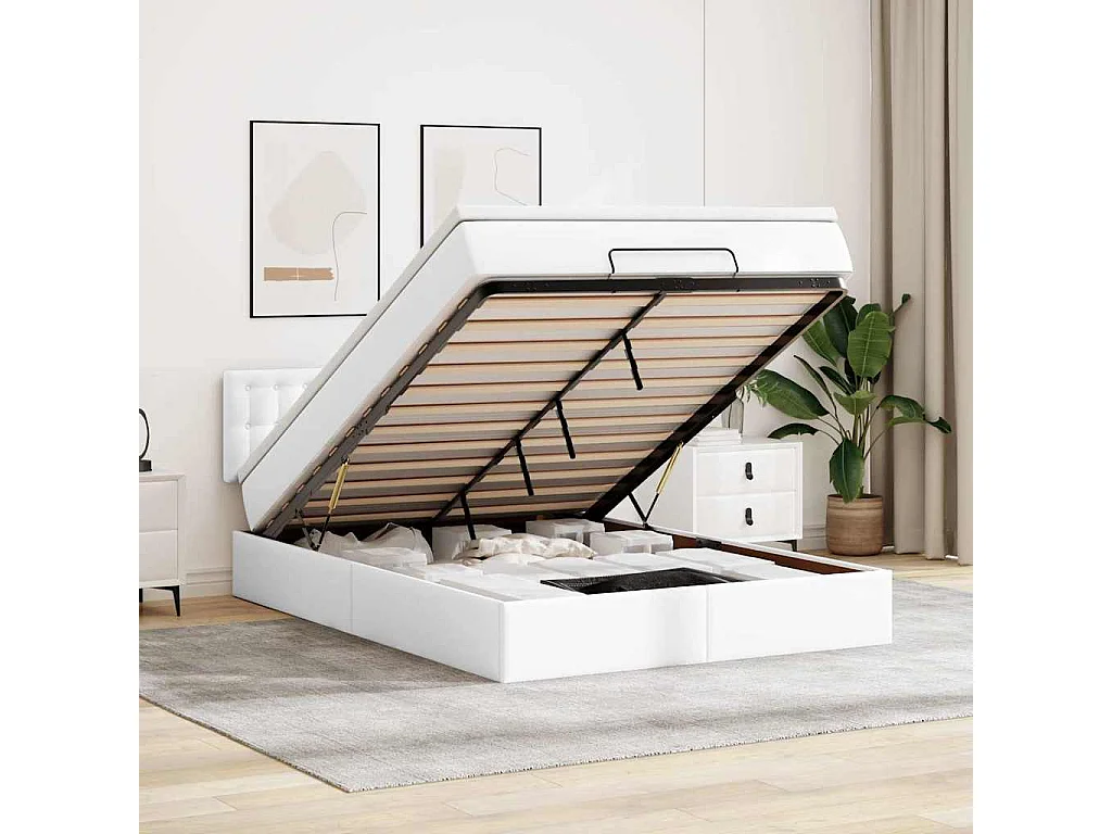 Cadre de lit ottoman et matelas blanc pur 140x190 cm similicuir