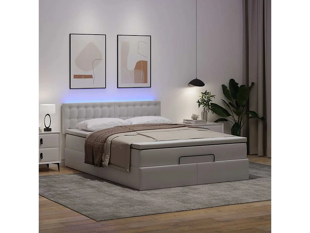 Cadre de lit ottoman et matelas blanc pur 140x190 cm similicuir