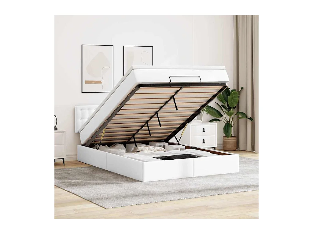 Cadre de lit ottoman et matelas blanc pur 140x190 cm similicuir