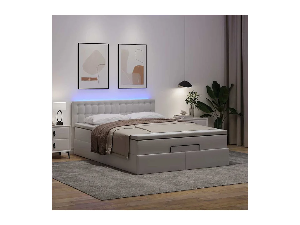 Cadre de lit ottoman et matelas blanc pur 140x190 cm similicuir