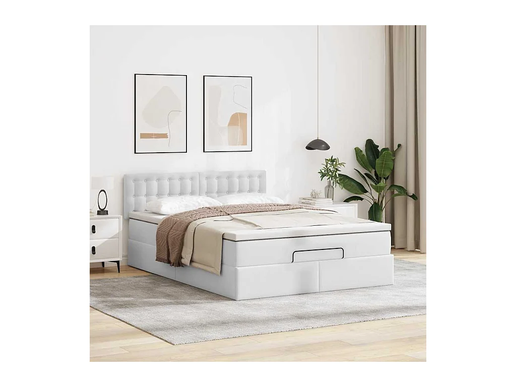 Cadre de lit ottoman et matelas blanc pur 140x190 cm similicuir