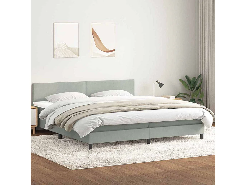 Cama box spring con colchón terciopelo gris claro 180x210 cm