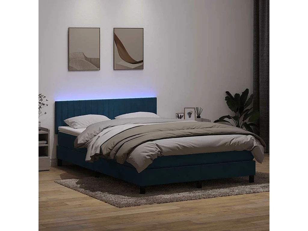 Cama box spring con colchón terciopelo azul oscuro 140x210 cm