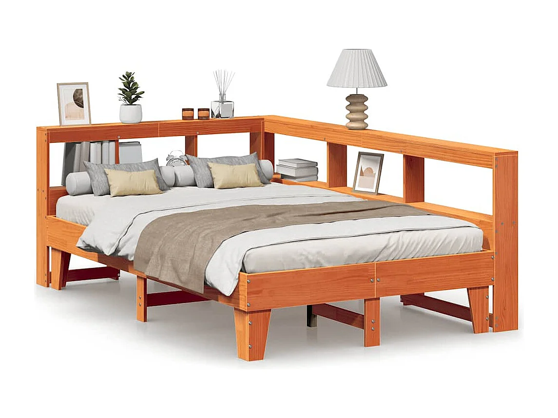 Bed met boekenkast zonder matras grenenhout wasbruin 135x190 cm