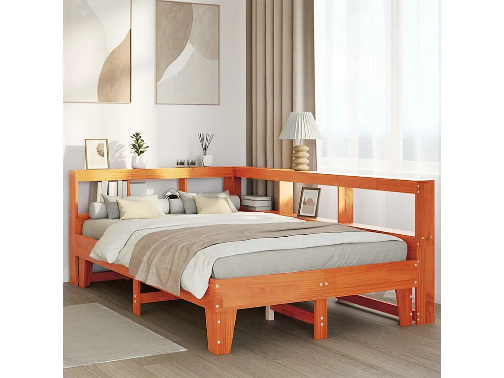 Bed met boekenkast zonder matras grenenhout wasbruin 135x190 cm