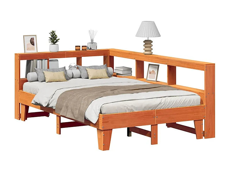 Bed met boekenkast zonder matras grenenhout wasbruin 135x190 cm