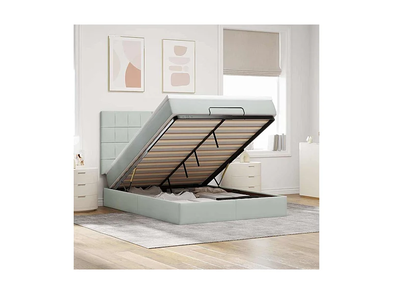 Cadre de lit ottoman et matelas gris clair 140x190 velours