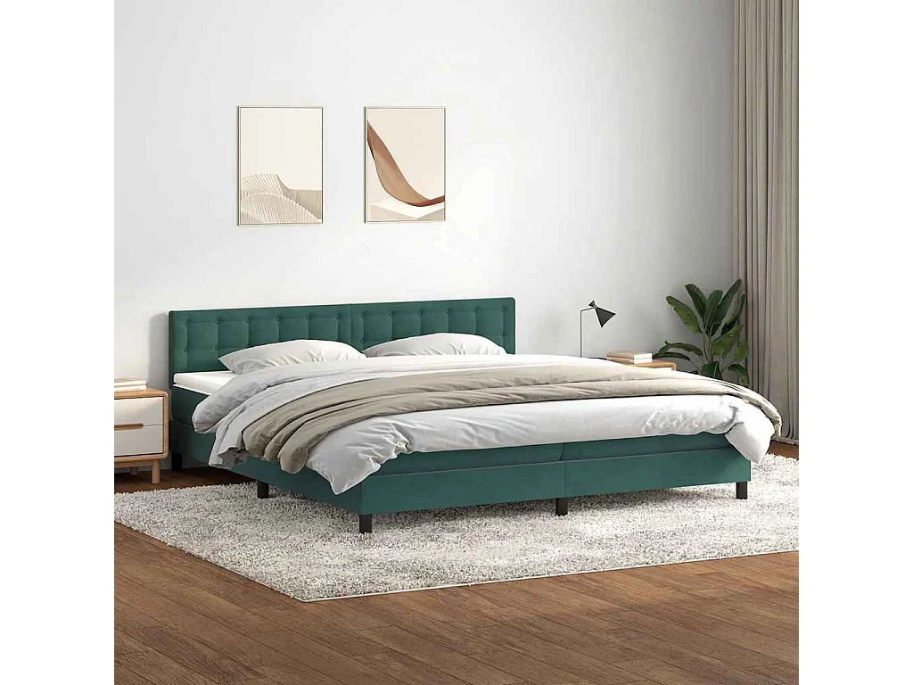 Cama box spring con colchón terciopelo verde oscuro 180x220 cm