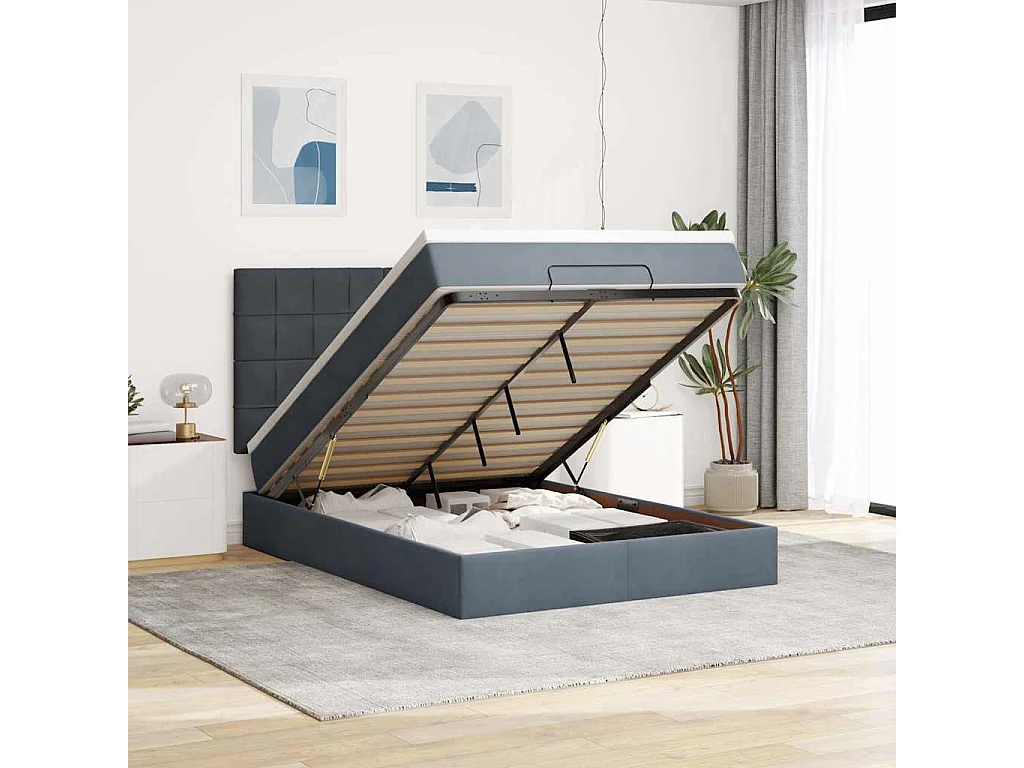 Cadre de lit ottoman avec matelas gris foncé 140x200 cm velours