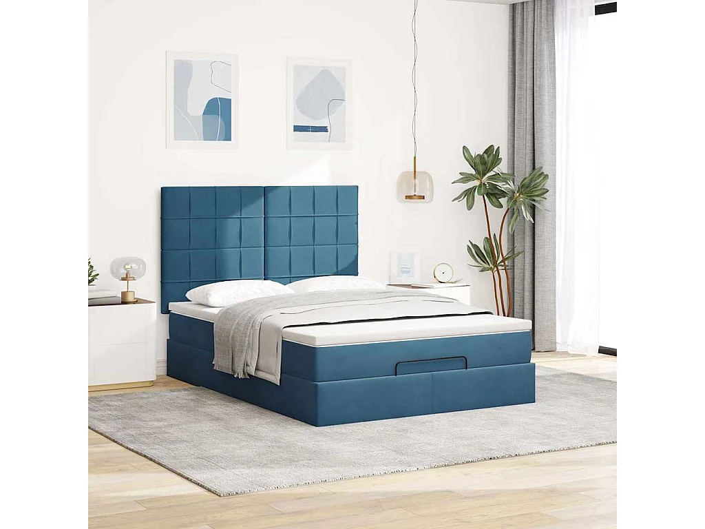 Cadre de lit ottoman avec matelas bleu foncé 140x190 cm velours
