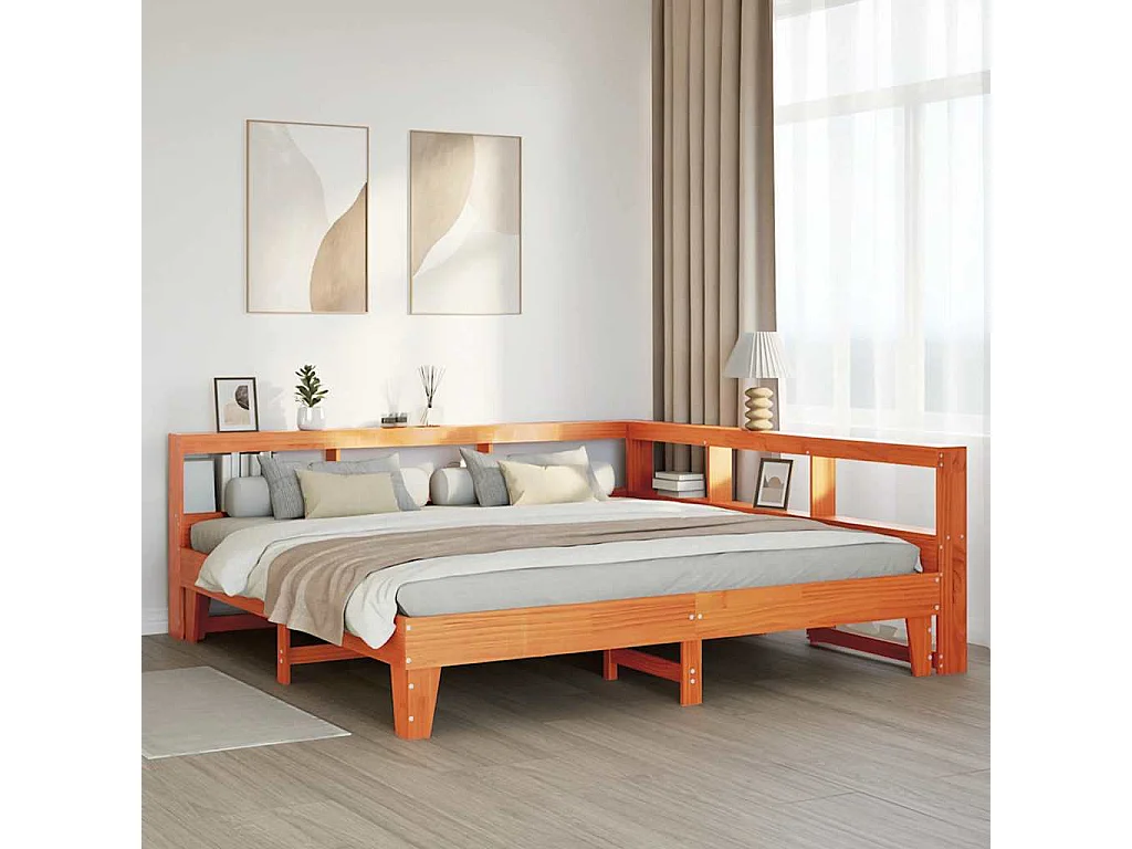 Lit bibliothèque sans matelas cire marron 200x200 cm pin massif