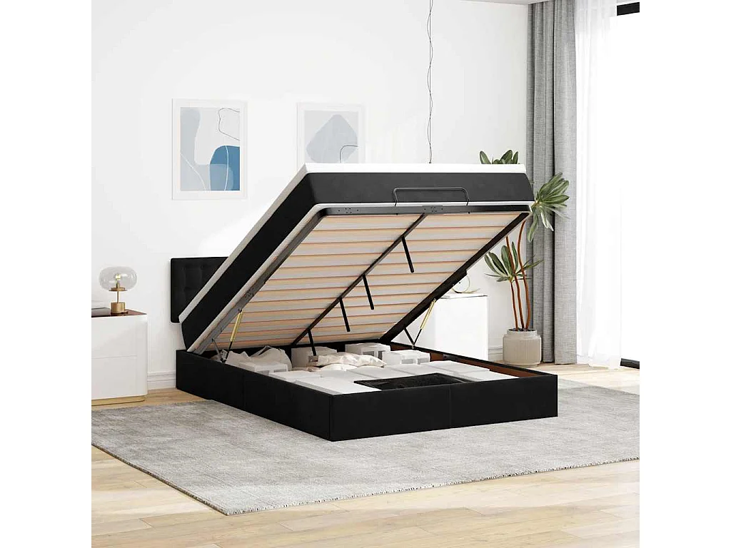 Estructura de cama otomana con colchón terciopelo negro