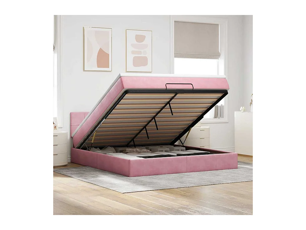 Cadre de lit ottoman avec matelas rose 160x200 cm velours