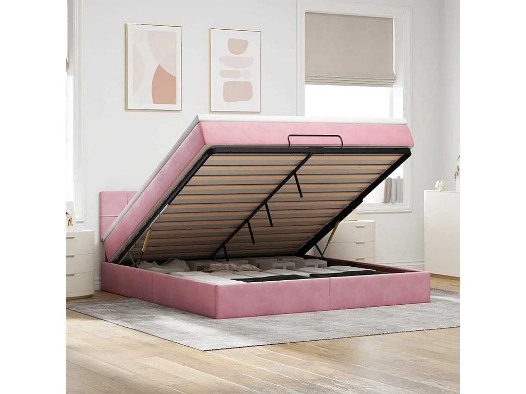 Estructura cama otomana con colchón terciopelo rosa 160x200 cm