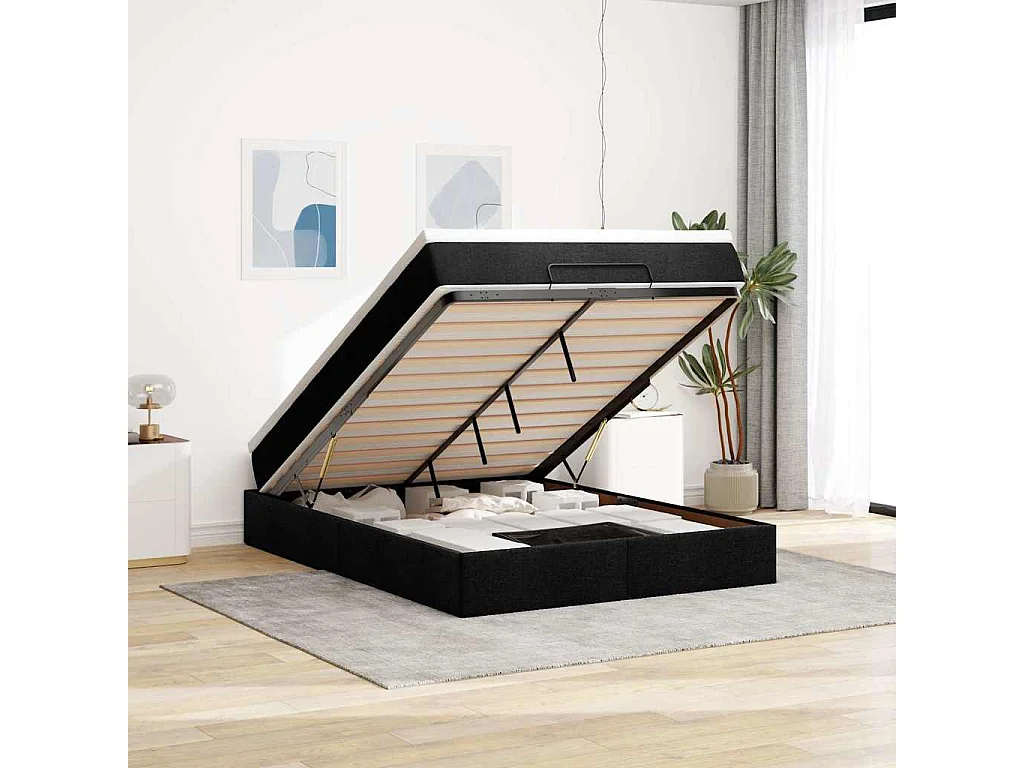 Cadre de lit ottoman avec matelas noir 140x190 cm tissu