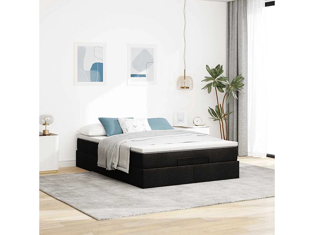 Cadre de lit ottoman avec matelas noir 140x190 cm tissu