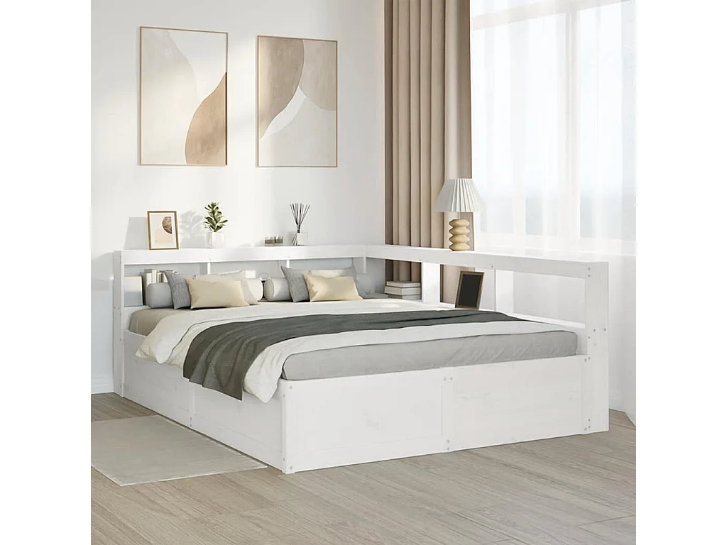 Cama con estantería sin colchón madera maciza blanca 140x200 cm