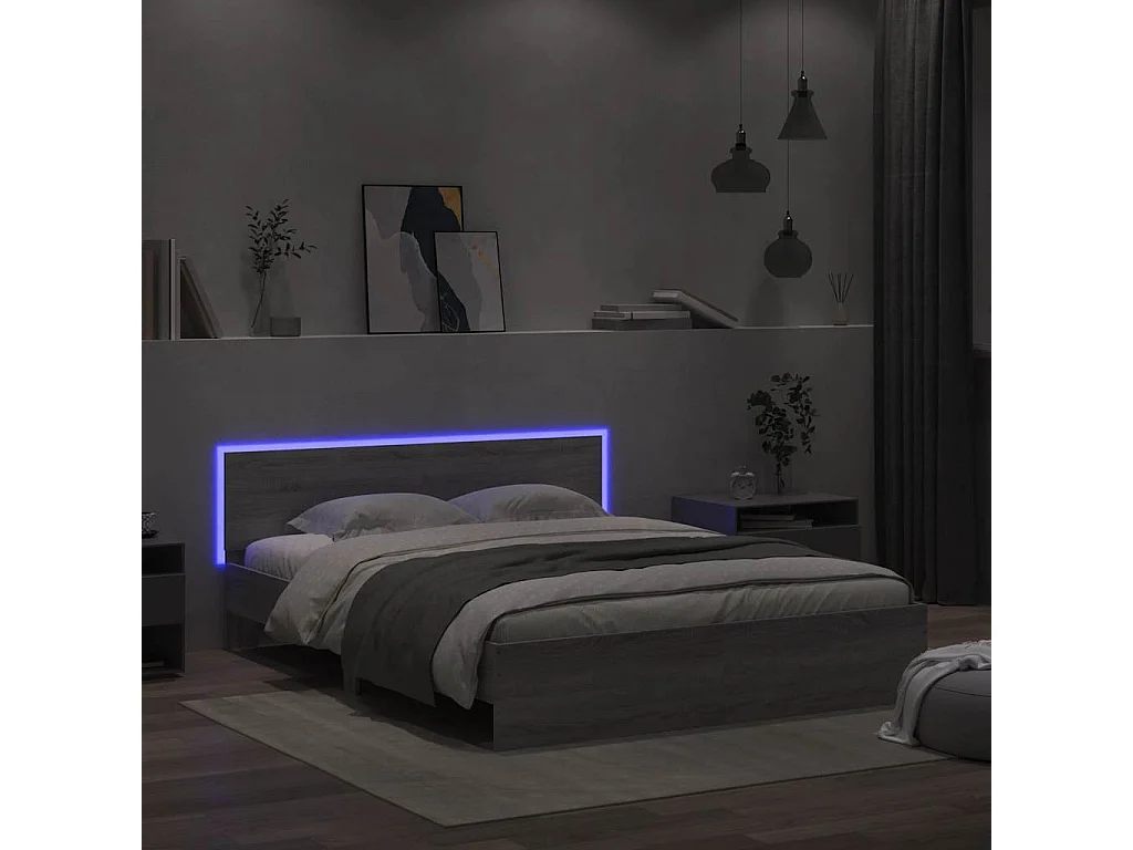 Estrutura cama com cabeceira/luzes LED 150x200cm cinzento sonoma
