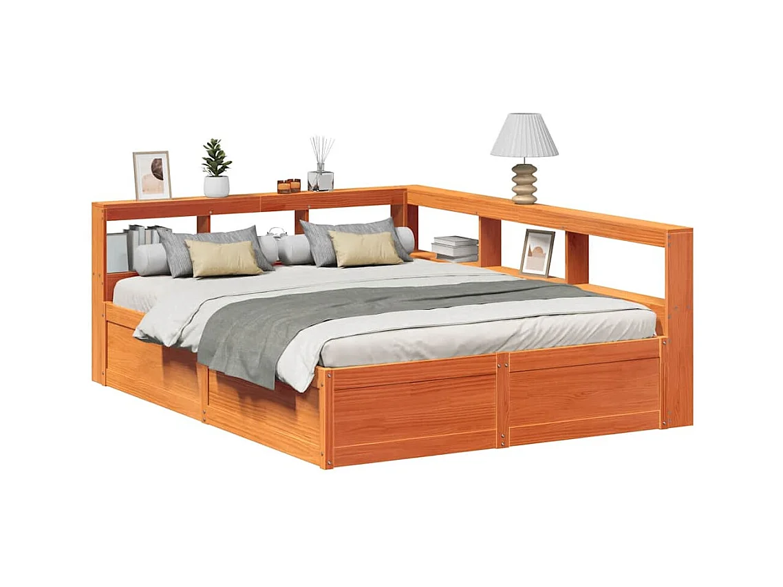 Bed met boekenkast zonder matras grenenhout wasbruin 160x200 cm