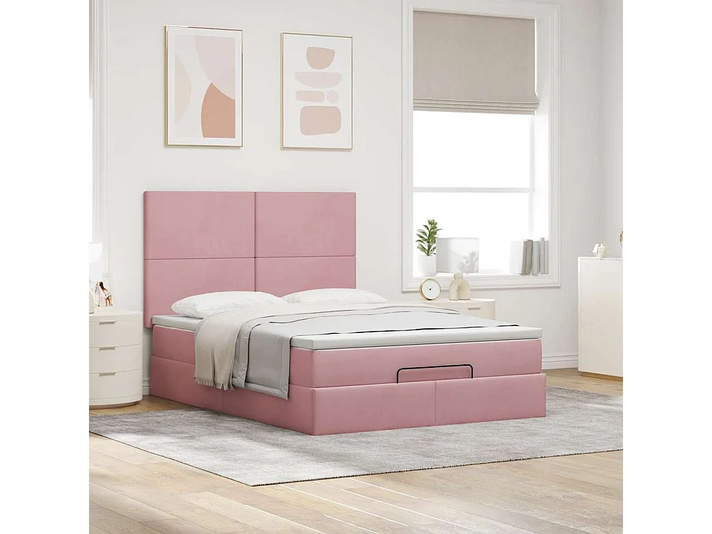 Cadre de lit ottoman avec matelas rose 140x200 cm velours