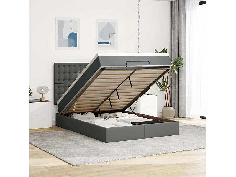 Cadre de lit ottoman avec matelas gris foncé 140x190 cm tissu
