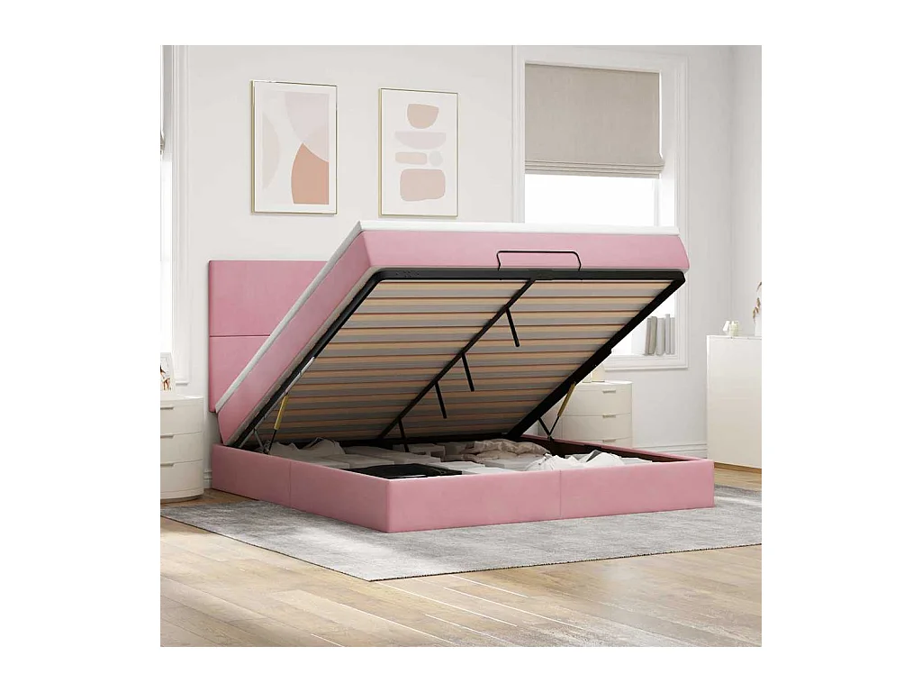 Cadre de lit ottoman avec matelas rose 160x200 cm velours