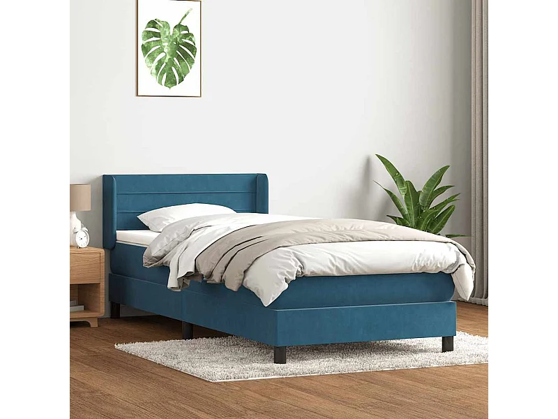 Cama box spring con colchón terciopelo azul oscuro 80x220 cm