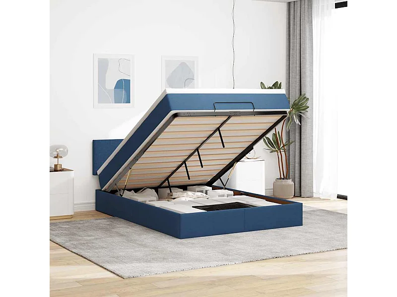 Lit ottoman avec matelas bleu 140x190 cm tissu