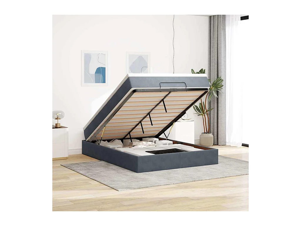 Cadre de lit ottoman avec matelas gris foncé 140x200 cm velours