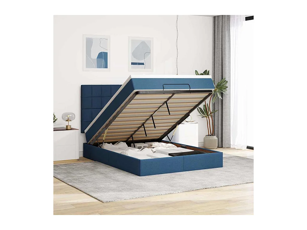 Estructura de cama otomana con colchón tela azul 140x190cm