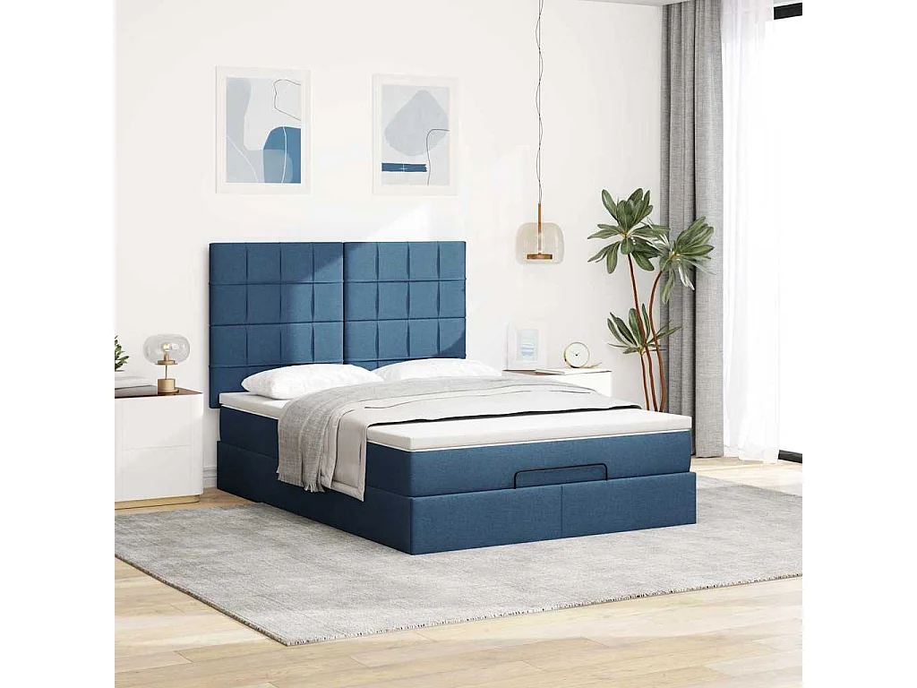 Estructura de cama otomana con colchón tela azul 140x190cm