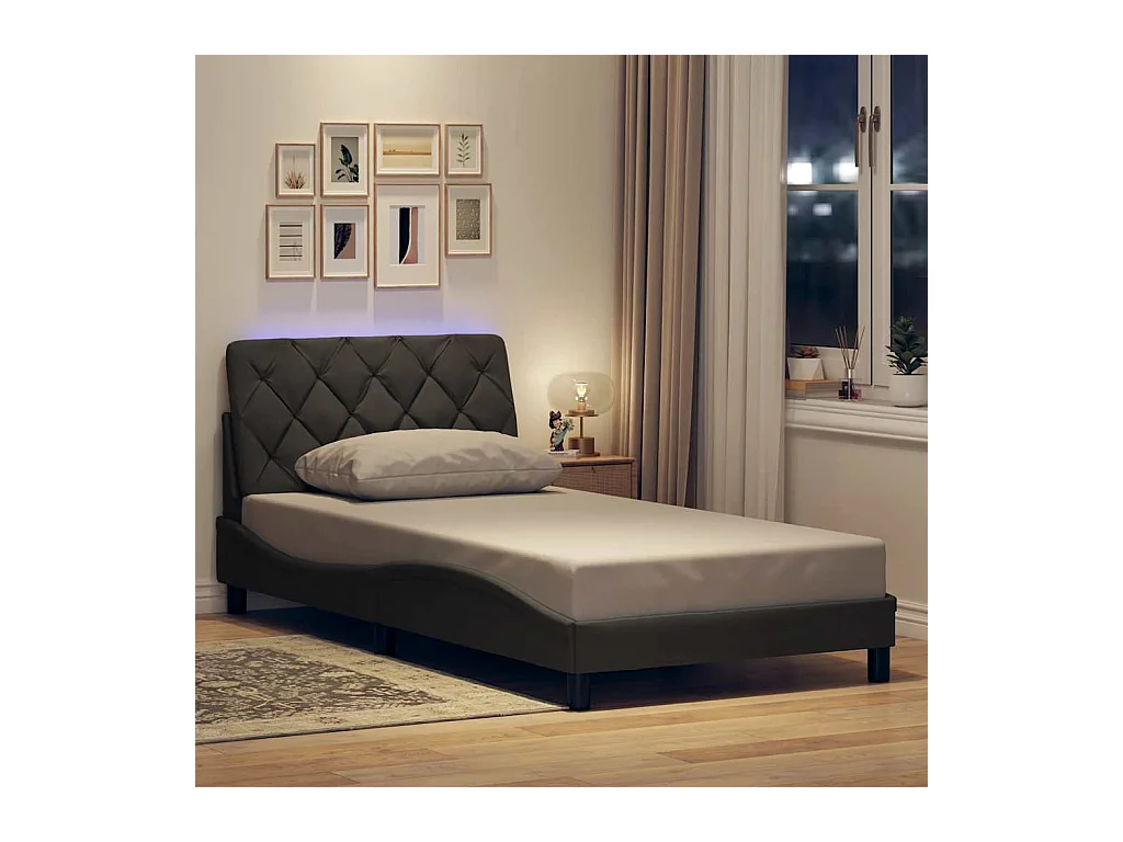 Estructura cama con LED sin colchón tela gris oscuro 90x200 cm