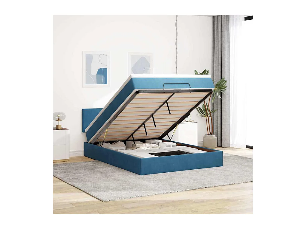 Estructura de cama otomana con colchón terciopelo azul oscuro