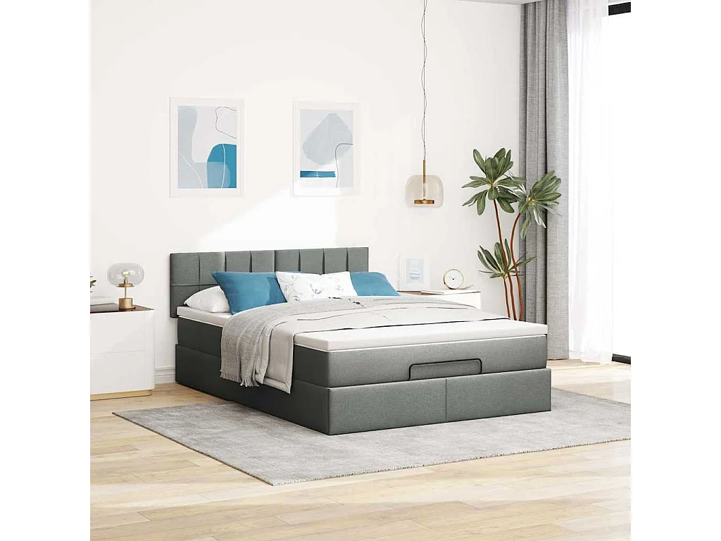 Cadre de lit ottoman avec matelas gris foncé 140x190 cm tissu