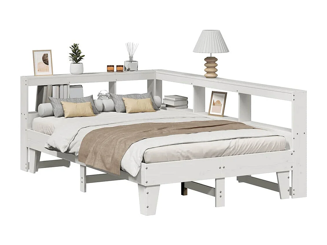 Cama con estantería sin colchón madera maciza blanca 140x190 cm