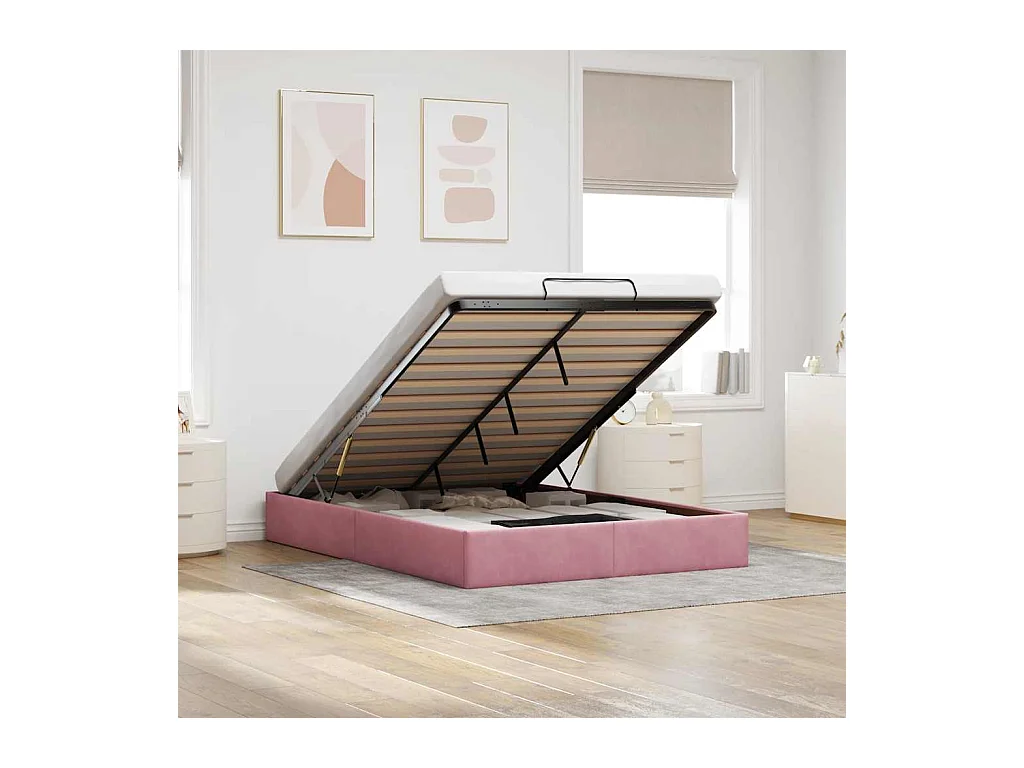 Estructura cama otomana sin colchón terciopelo rosa 140x200 cm