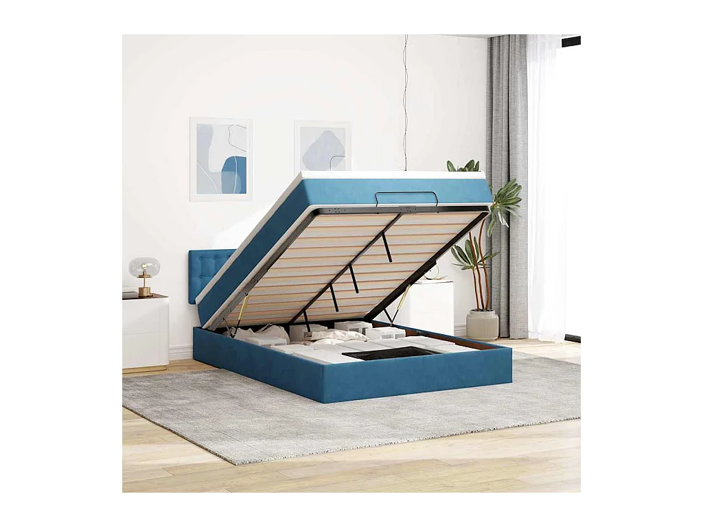 Cadre de lit ottoman avec matelas bleu foncé 140x190 cm velours