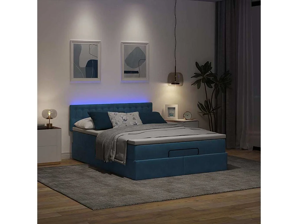 Cadre de lit ottoman avec matelas bleu foncé 140x190 cm velours