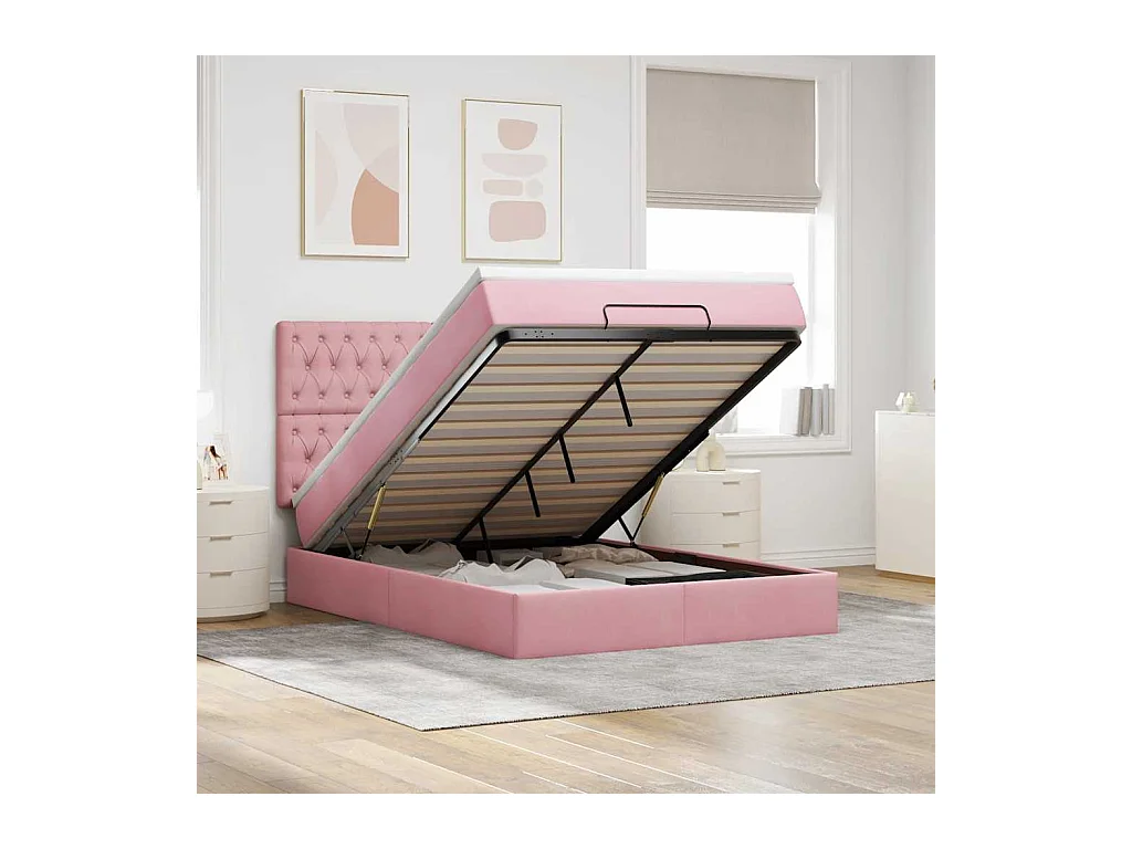 Cadre de lit ottoman avec matelas rose 140x190 cm velours