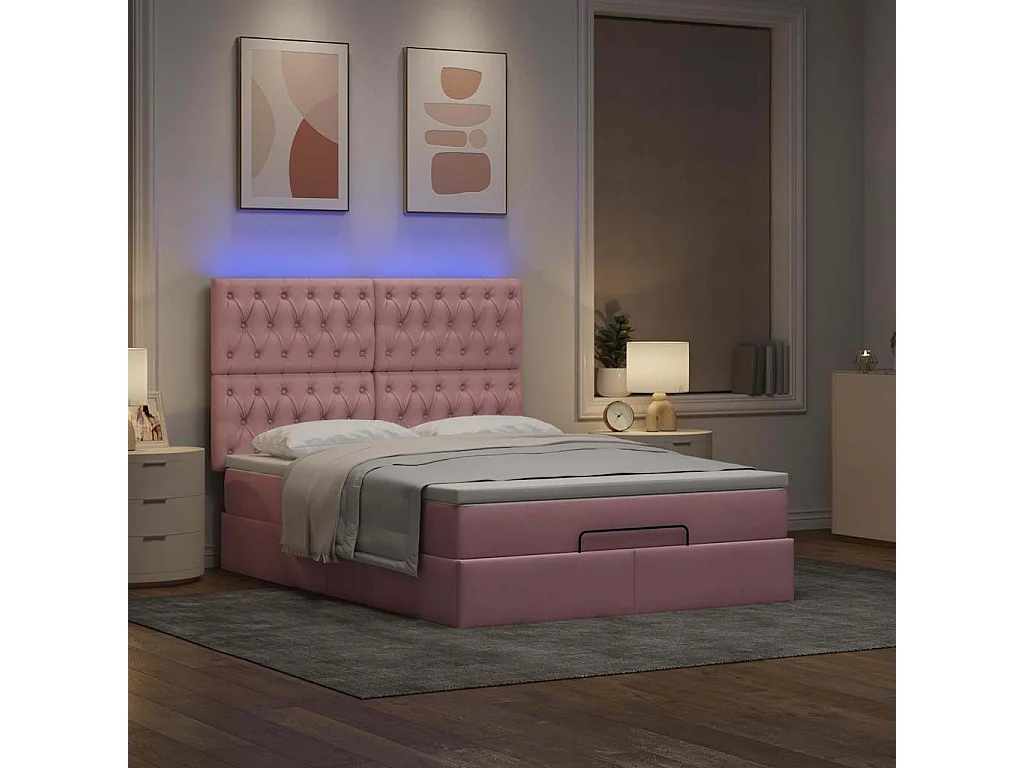 Estructura cama otomana con colchones terciopelo rosa 140x190cm