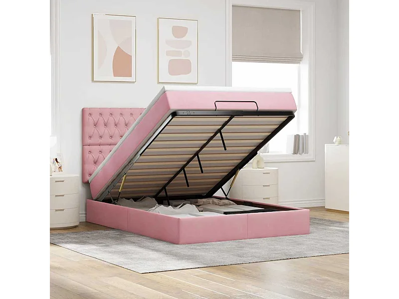 Estructura cama otomana con colchones terciopelo rosa 140x190cm
