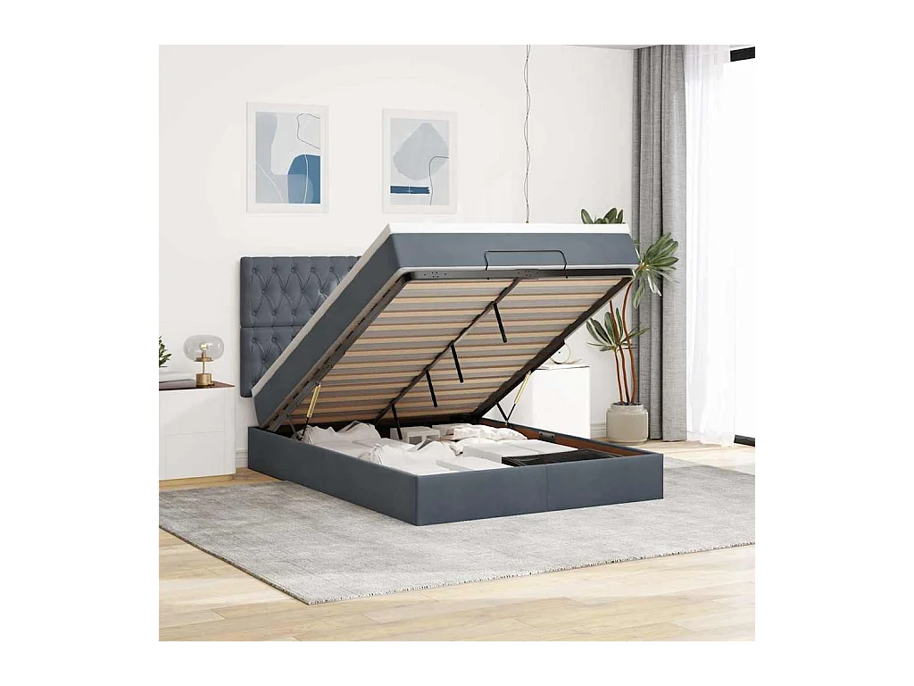 Cadre de lit ottoman avec matelas gris foncé 140x200 cm velours