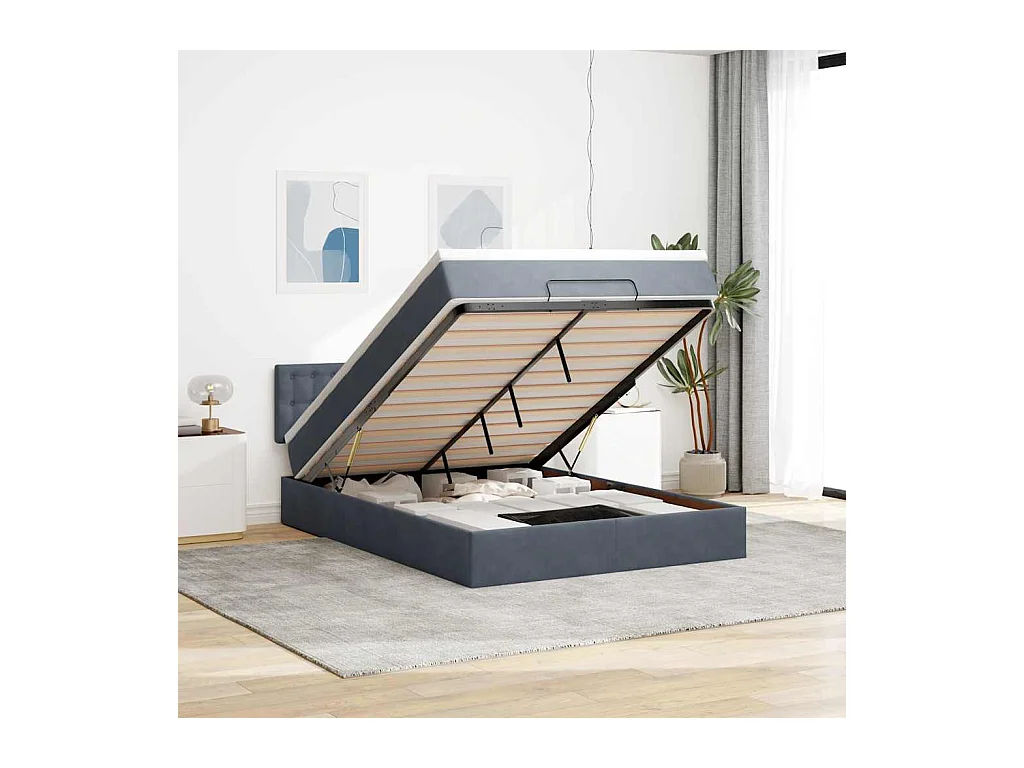 Estructura cama otomana colchón terciopelo gris oscuro