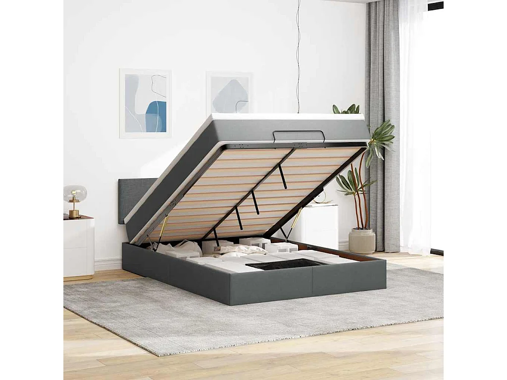 Cama otomana con colchón gris oscuro 140x190 cm tela