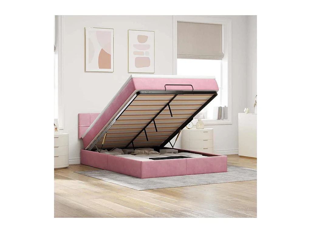 Cadre de lit ottoman avec matelas rose 140x190 cm velours