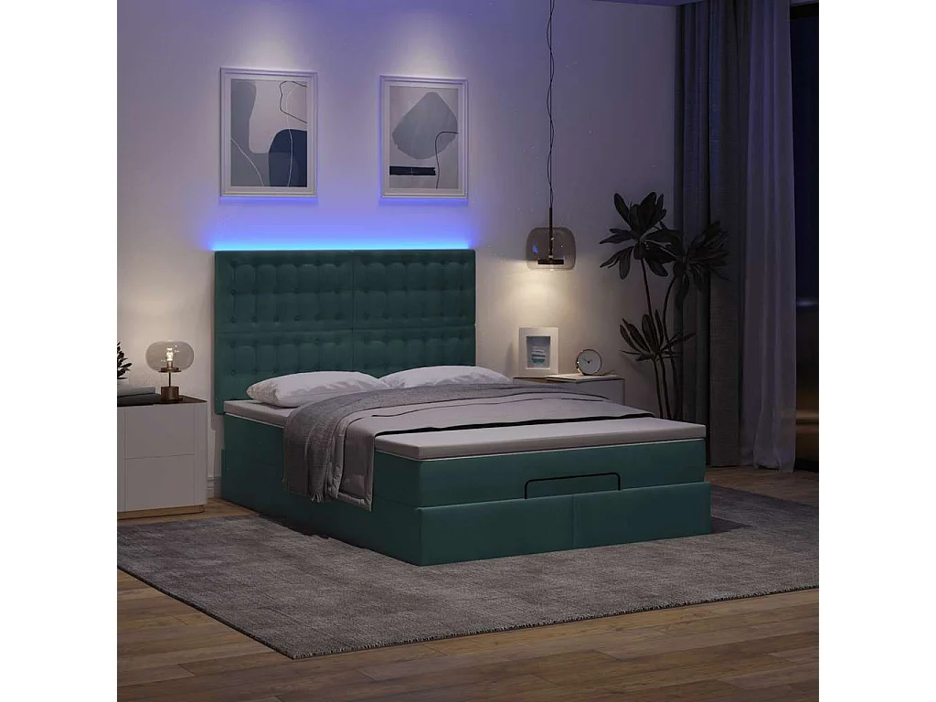 Cadre de lit ottoman avec matelas vert foncé 140x200 cm velours